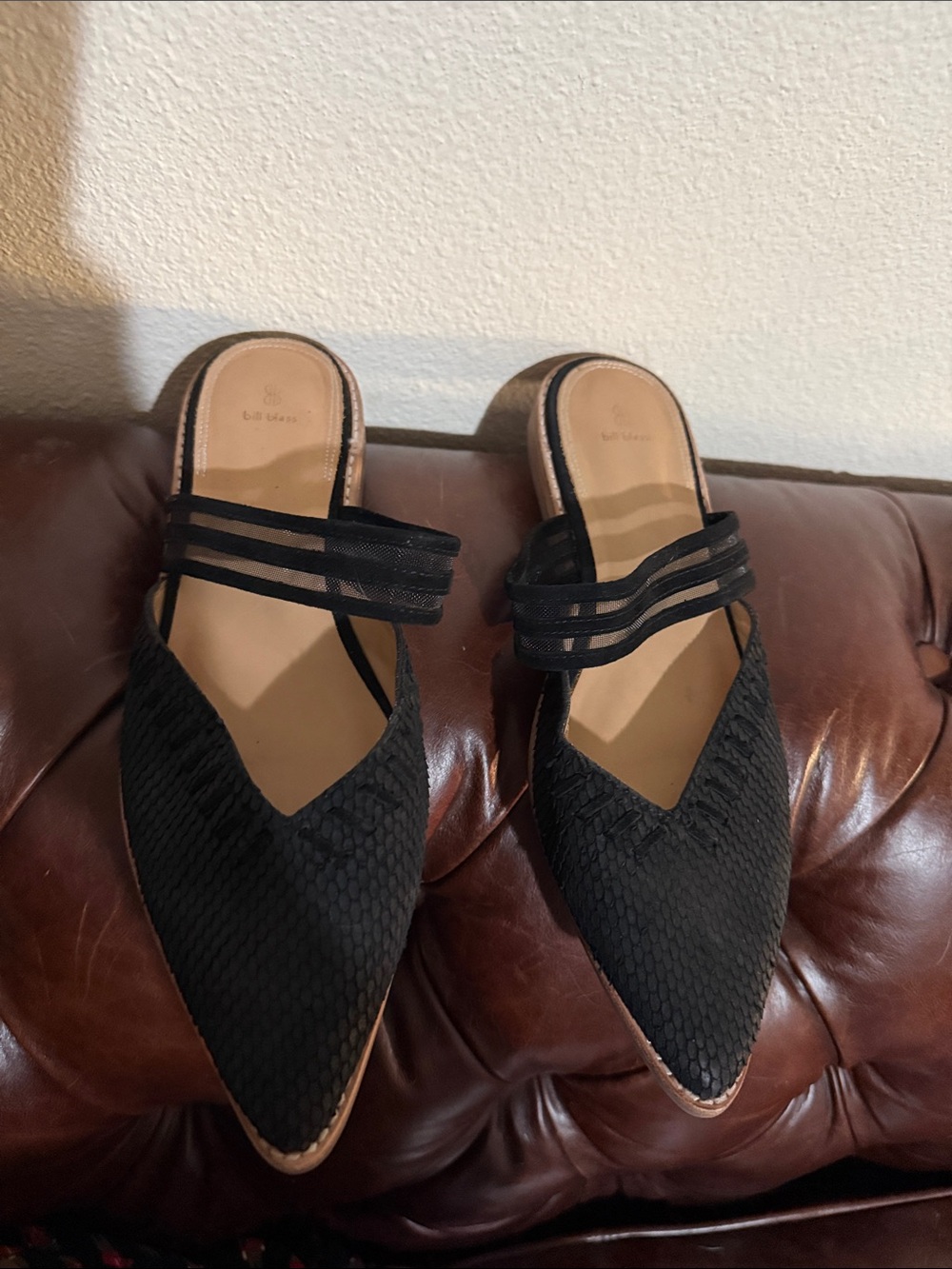bill blass Black Pointed Slip-On Mules with Double Straps